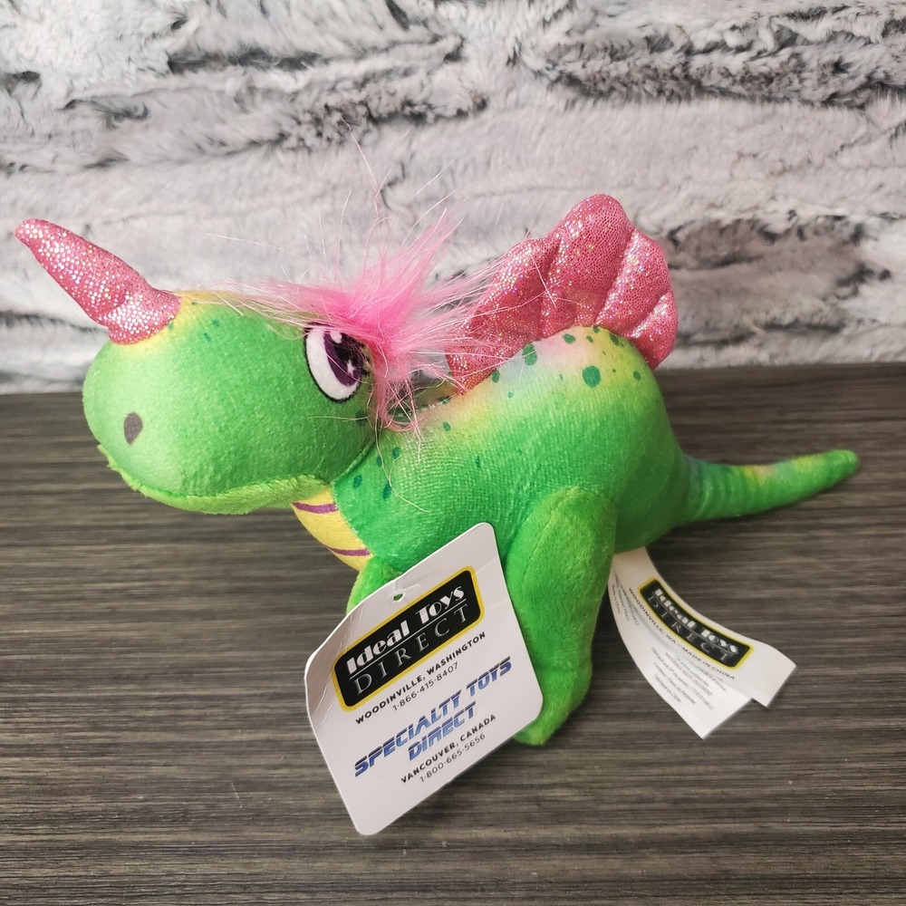 Ideal Toys Lime Green Velociraptor Unicorn Plush Stuffed Animal 10" Dinosaur